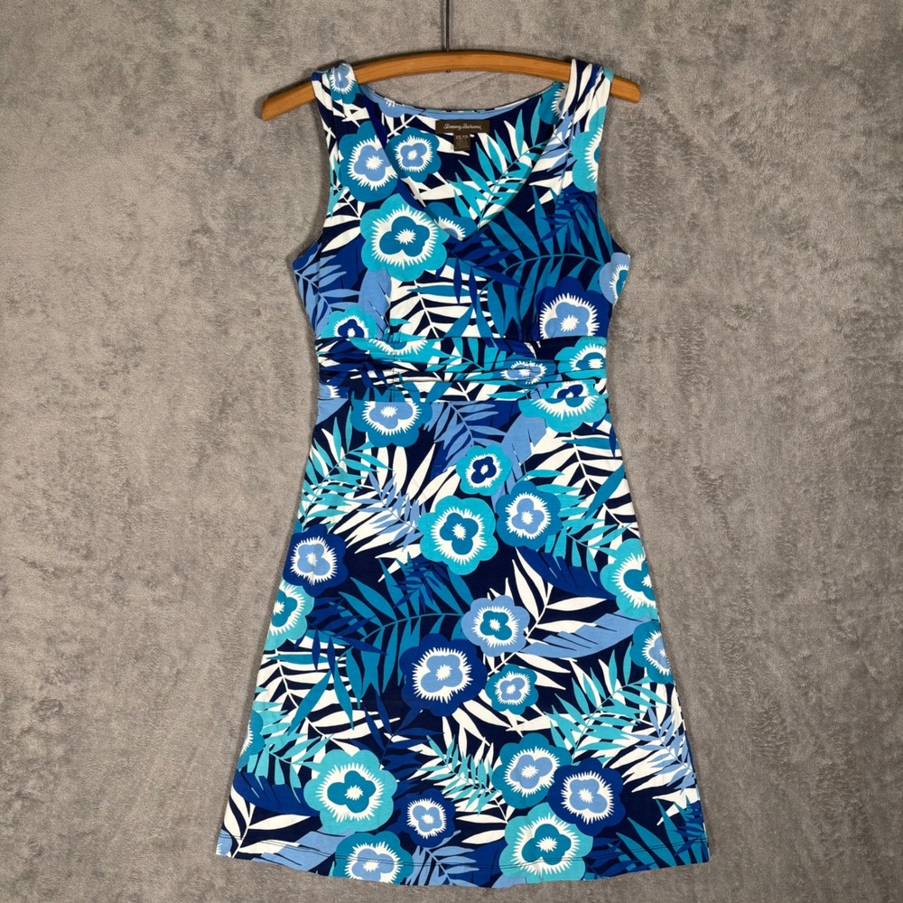 Tommy Bahama Blue Floral Tropical Palm Print Supima Cotton Dress XS Resort Beach